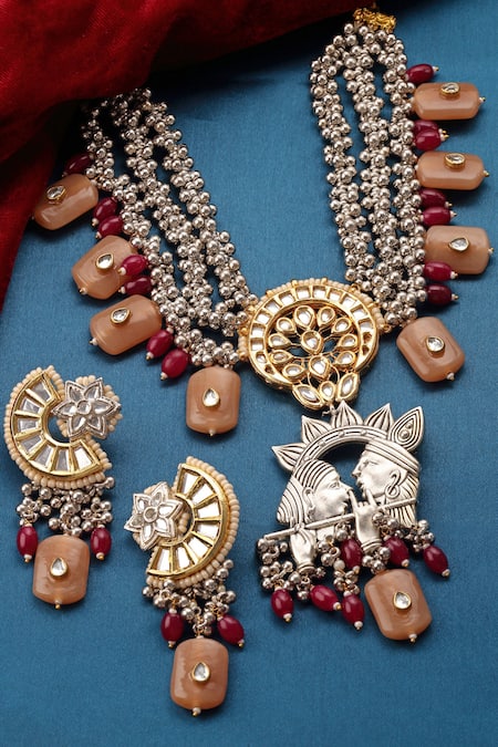 Shop Dugran By Dugristyle Peach Pearls Carved Tribal Figurine Pendant Necklace Set at Aza Fashions Shop_Dugran By Dugristyle_Peach Pearls Carved Tribal Figurine Pendant Necklace Set _at_Aza_Fashions