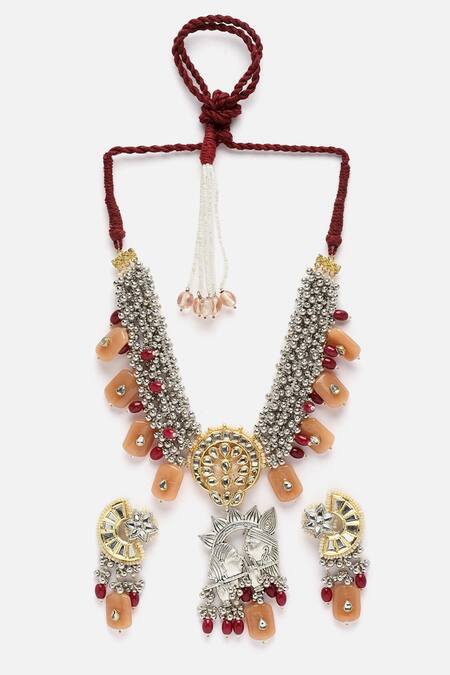 Dugran By Dugristyle Peach Pearls Carved Tribal Figurine Pendant Necklace Set Online at Aza Fashions Dugran By Dugristyle_Peach Pearls Carved Tribal Figurine Pendant Necklace Set _Online_at_Aza_Fashions