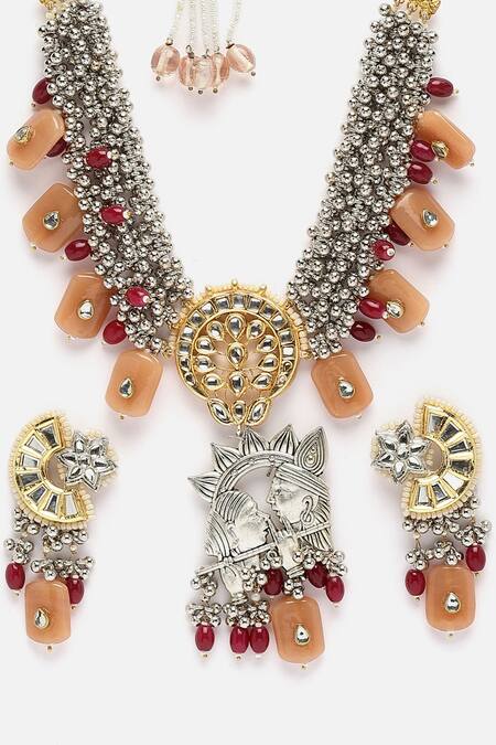 Shop Dugran By Dugristyle Peach Pearls Carved Tribal Figurine Pendant Necklace Set Online at Aza Fashions Shop_Dugran By Dugristyle_Peach Pearls Carved Tribal Figurine Pendant Necklace Set _Online_at_Aza_Fashions