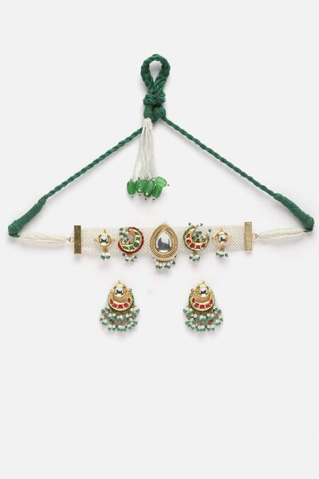 Buy_Dugran By Dugristyle_Multi Color Pearls, Diamonds, Stones Chand Kundan Tukdi Embellished Choker Set _Online_at_Aza_Fashions