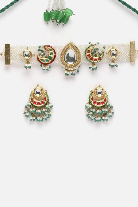 Shop_Dugran By Dugristyle_Multi Color Pearls, Diamonds, Stones Chand Kundan Tukdi Embellished Choker Set _Online_at_Aza_Fashions