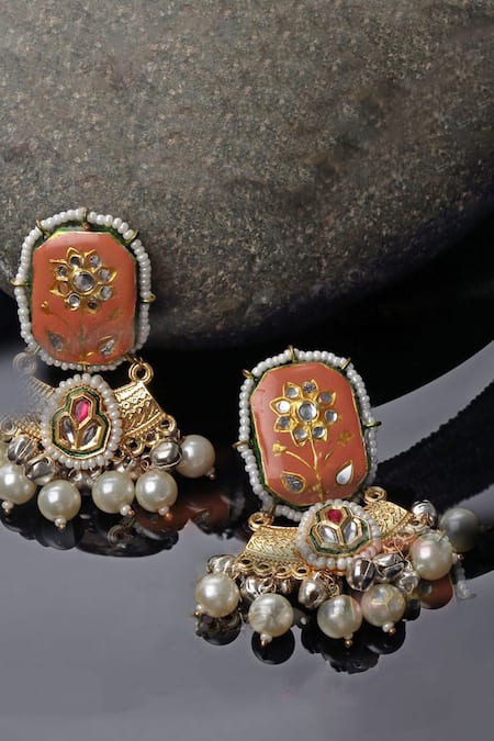 Shop Dugran By Dugristyle Multi Color Metallic Thread, Pearls, Stones Meenakari Work Temple Earrings at Aza Fashions Shop_Dugran By Dugristyle_Multi Color Metallic Thread, Pearls, Stones Meenakari Work Temple Earrings _at_Aza_Fashions