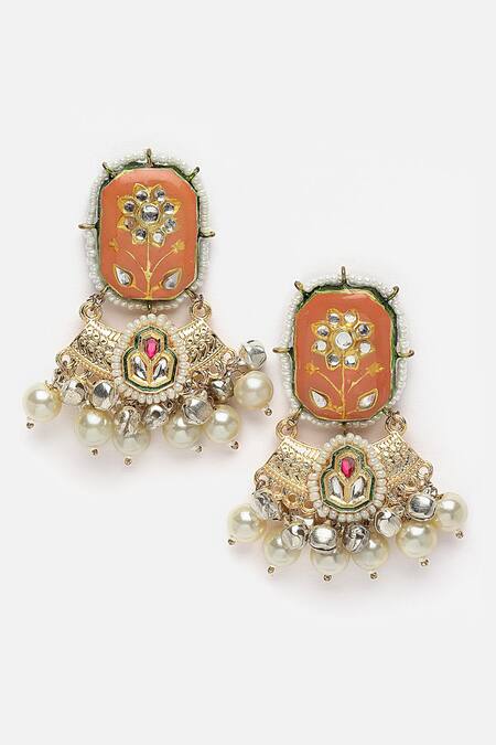 Dugran By Dugristyle Multi Color Metallic Thread, Pearls, Stones Meenakari Work Temple Earrings Online at Aza Fashions Dugran By Dugristyle_Multi Color Metallic Thread, Pearls, Stones Meenakari Work Temple Earrings _Online_at_Aza_Fashions