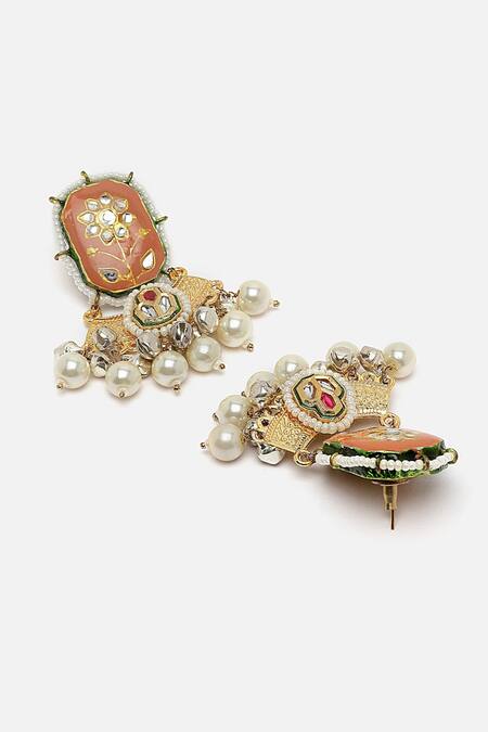 Buy Dugran By Dugristyle Multi Color Metallic Thread, Pearls, Stones Meenakari Work Temple Earrings Online at Aza Fashions Buy_Dugran By Dugristyle_Multi Color Metallic Thread, Pearls, Stones Meenakari Work Temple Earrings _Online_at_Aza_Fashions