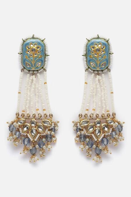 Dugran By Dugristyle_Blue Metallic Thread, Pearls, Stones Meenakari Work Chandelier Earrings _Online_at_Aza_Fashions