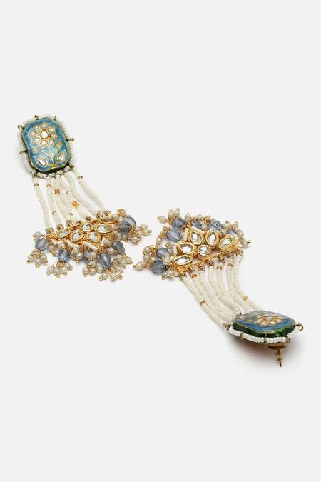 Buy_Dugran By Dugristyle_Blue Metallic Thread, Pearls, Stones Meenakari Work Chandelier Earrings _Online_at_Aza_Fashions