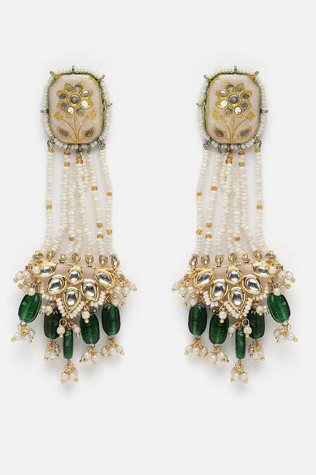 Dugran By Dugristyle_Cream Pearls, Metallic Thread, Stones Embellished Chandelier Earrings _Online_at_Aza_Fashions
