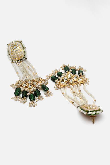 Buy_Dugran By Dugristyle_Cream Pearls, Metallic Thread, Stones Embellished Chandelier Earrings _Online_at_Aza_Fashions