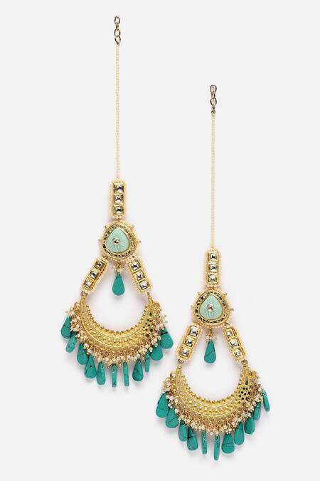 Dugran By Dugristyle_Green Pearls, Stones And Kundan Embellished Chandbalis _Online_at_Aza_Fashions