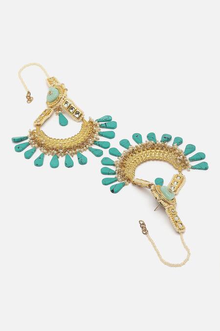 Buy_Dugran By Dugristyle_Green Pearls, Stones And Kundan Embellished Chandbalis _Online_at_Aza_Fashions