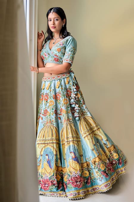 Sonia Bansal_Blue Silk Printed Floral Deep V Neck Embroidered Lehenga Set_Online_at_Aza_Fashions