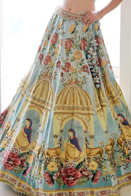 Buy_Sonia Bansal_Blue Silk Printed Floral Deep V Neck Embroidered Lehenga Set_Online_at_Aza_Fashions