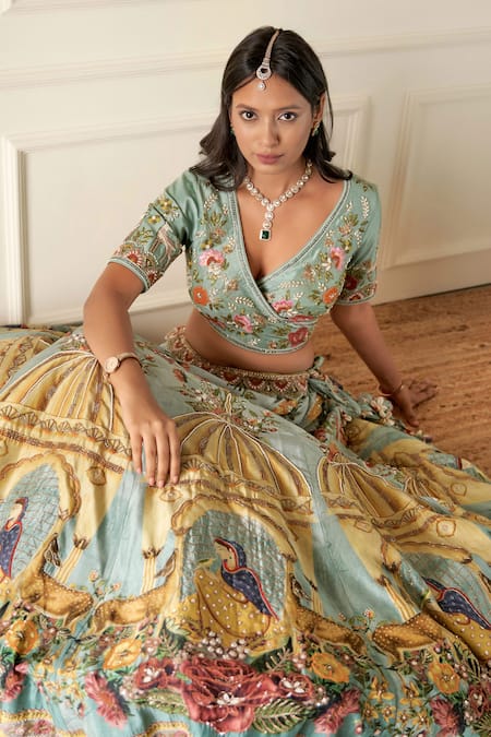 Shop_Sonia Bansal_Blue Silk Printed Floral Deep V Neck Embroidered Lehenga Set_Online_at_Aza_Fashions