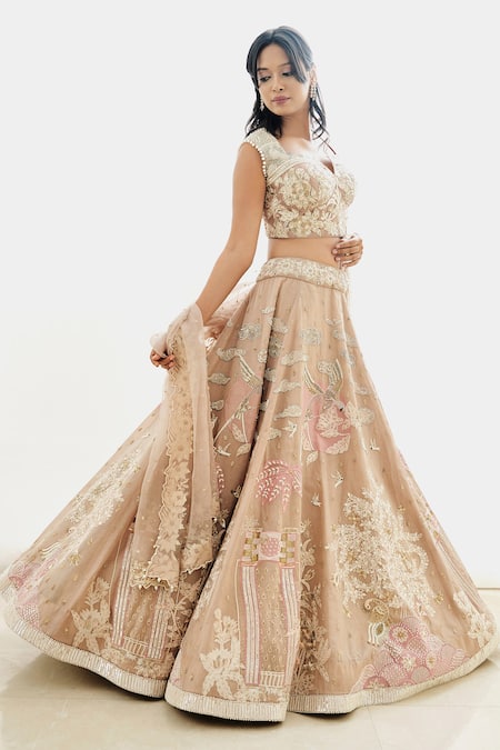 Buy Sonia Bansal Beige Organza Sequins, Cut Work Split V-neck Hand Embroidered Bridal Lehenga Set Online at Aza Fashions Buy_Sonia Bansal_Beige Organza Sequins, Cut Work Split V-neck Hand Embroidered Bridal Lehenga Set_Online_at_Aza_Fashions
