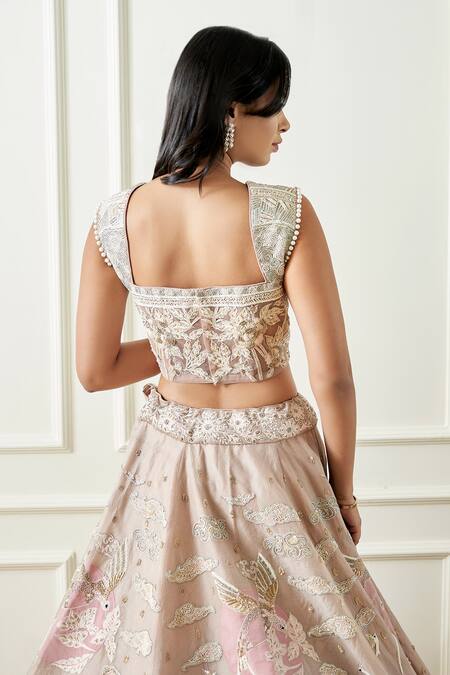 Shop Sonia Bansal Beige Organza Sequins, Cut Work Split V-neck Hand Embroidered Bridal Lehenga Set Online at Aza Fashions Shop_Sonia Bansal_Beige Organza Sequins, Cut Work Split V-neck Hand Embroidered Bridal Lehenga Set_Online_at_Aza_Fashions
