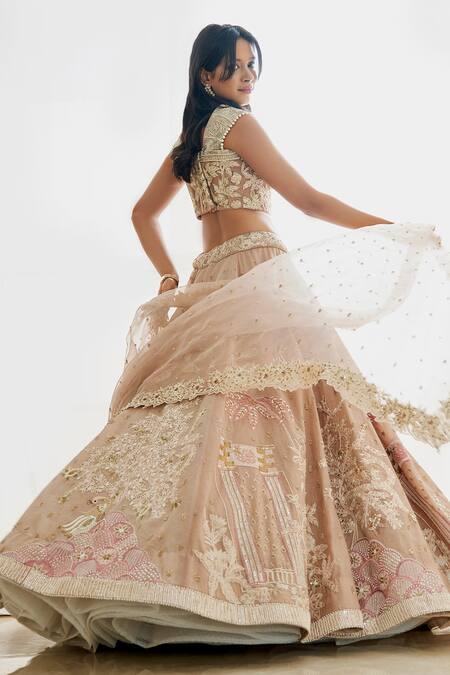 Shop Sonia Bansal Beige Organza Sequins, Cut Work Split V-neck Hand Embroidered Bridal Lehenga Set at Aza Fashions Shop_Sonia Bansal_Beige Organza Sequins, Cut Work Split V-neck Hand Embroidered Bridal Lehenga Set_at_Aza_Fashions
