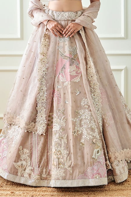 Sonia Bansal Beige Organza Sequins, Cut Work Split V-neck Hand Embroidered Bridal Lehenga Set at Aza Fashions Sonia Bansal_Beige Organza Sequins, Cut Work Split V-neck Hand Embroidered Bridal Lehenga Set_at_Aza_Fashions