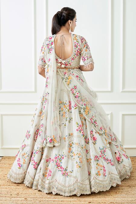 Shop_Sonia Bansal_Ivory Tissue Hand Embroidered Thread Leaf Neck Bridal Lehenga Set _at_Aza_Fashions