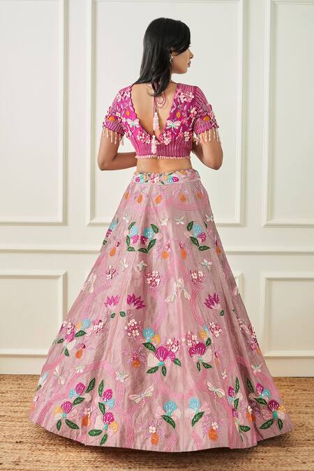 Shop Sonia Bansal Purple Net, Tissue Beads, Embroidery V-neck Floral Hand Bridal Lehenga Set at Aza Fashions Shop_Sonia Bansal_Purple Net, Tissue Beads, Embroidery V-neck Floral Hand Bridal Lehenga Set_at_Aza_Fashions