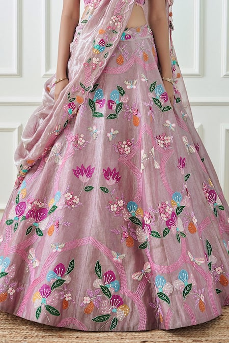 Sonia Bansal Purple Net, Tissue Beads, Embroidery V-neck Floral Hand Bridal Lehenga Set Online at Aza Fashions Sonia Bansal_Purple Net, Tissue Beads, Embroidery V-neck Floral Hand Bridal Lehenga Set_Online_at_Aza_Fashions