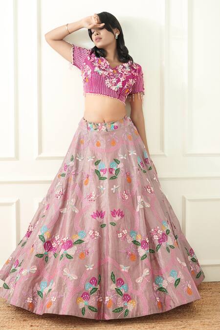 Buy Sonia Bansal Purple Net, Tissue Beads, Embroidery V-neck Floral Hand Bridal Lehenga Set Online at Aza Fashions Buy_Sonia Bansal_Purple Net, Tissue Beads, Embroidery V-neck Floral Hand Bridal Lehenga Set_Online_at_Aza_Fashions