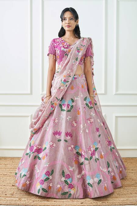 Shop Sonia Bansal Purple Net, Tissue Beads, Embroidery V-neck Floral Hand Bridal Lehenga Set Online at Aza Fashions Shop_Sonia Bansal_Purple Net, Tissue Beads, Embroidery V-neck Floral Hand Bridal Lehenga Set_Online_at_Aza_Fashions