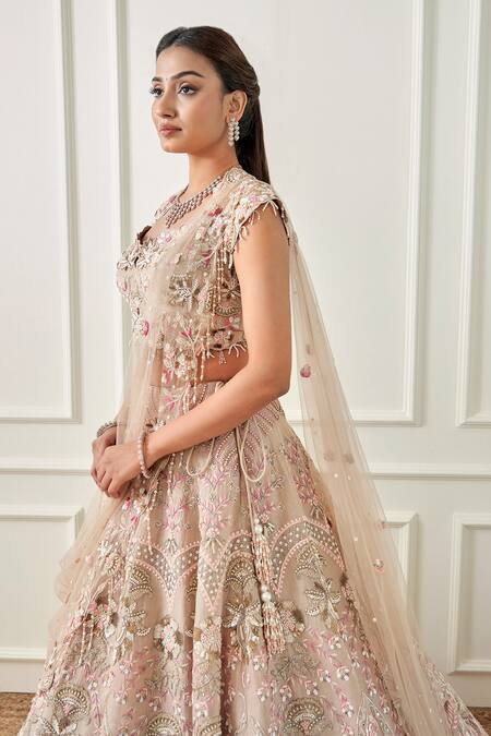 Shop Sonia Bansal Beige Organza, Net Embroidery, Cut Work, Pearls Hand Bridal Lehenga Set Online at Aza Fashions Shop_Sonia Bansal_Beige Organza, Net Embroidery, Cut Work, Pearls Hand Bridal Lehenga Set_Online_at_Aza_Fashions
