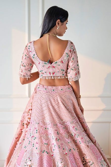 Shop Sonia Bansal Pink Organza Sequins, Cut Work, Cutdana Hand Embroidered Bridal Lehenga Set at Aza Fashions Shop_Sonia Bansal_Pink Organza Sequins, Cut Work, Cutdana Hand Embroidered Bridal Lehenga Set_at_Aza_Fashions