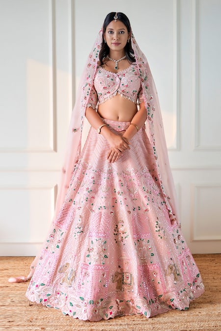 Buy Sonia Bansal Pink Organza Sequins, Cut Work, Cutdana Hand Embroidered Bridal Lehenga Set Online at Aza Fashions Buy_Sonia Bansal_Pink Organza Sequins, Cut Work, Cutdana Hand Embroidered Bridal Lehenga Set_Online_at_Aza_Fashions