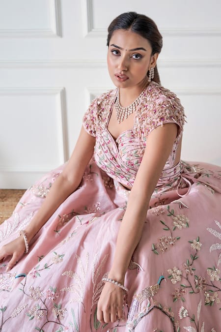 Buy Sonia Bansal Pink Organza, Net Sequins, Diamonds Thread Hand Embroidered Bridal Lehenga Set Online at Aza Fashions Buy_Sonia Bansal_Pink Organza, Net Sequins, Diamonds Thread Hand Embroidered Bridal Lehenga Set_Online_at_Aza_Fashions