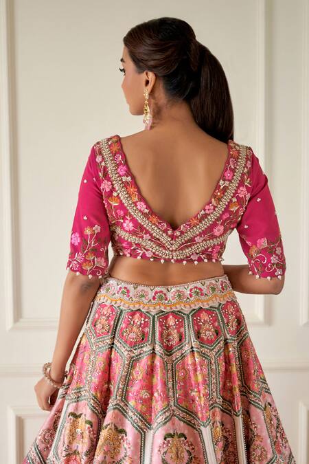 Shop Sonia Bansal Fuchsia Silk Printed Floral V Neck And Embroidered Bridal Lehenga Set at Aza Fashions Shop_Sonia Bansal_Fuchsia Silk Printed Floral V Neck And Embroidered Bridal Lehenga Set_at_Aza_Fashions