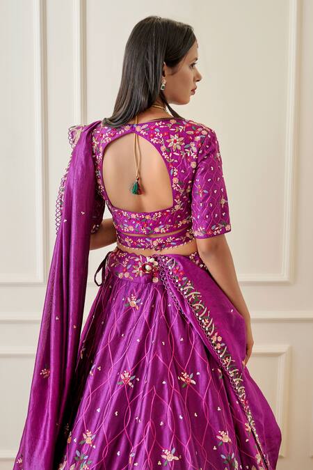 Shop Sonia Bansal Purple Silk Embroidery, Cut Work Asymmetric Thread And Cutdana Bridal Lehenga Set at Aza Fashions Shop_Sonia Bansal_Purple Silk Embroidery, Cut Work Asymmetric Thread And Cutdana Bridal Lehenga Set_at_Aza_Fashions