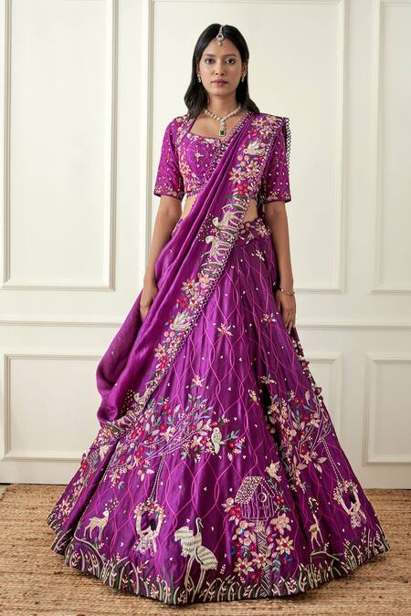 Sonia Bansal Purple Silk Embroidery, Cut Work Asymmetric Thread And Cutdana Bridal Lehenga Set Online at Aza Fashions Sonia Bansal_Purple Silk Embroidery, Cut Work Asymmetric Thread And Cutdana Bridal Lehenga Set_Online_at_Aza_Fashions