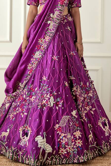 Buy Sonia Bansal Purple Silk Embroidery, Cut Work Asymmetric Thread And Cutdana Bridal Lehenga Set Online at Aza Fashions Buy_Sonia Bansal_Purple Silk Embroidery, Cut Work Asymmetric Thread And Cutdana Bridal Lehenga Set_Online_at_Aza_Fashions