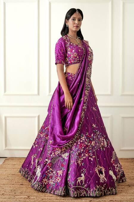 Shop Sonia Bansal Purple Silk Embroidery, Cut Work Asymmetric Thread And Cutdana Bridal Lehenga Set Online at Aza Fashions Shop_Sonia Bansal_Purple Silk Embroidery, Cut Work Asymmetric Thread And Cutdana Bridal Lehenga Set_Online_at_Aza_Fashions