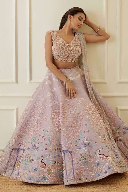 Shop Sonia Bansal Purple Organza, Net Sequins, Cut Work Dabka Hand Embroidered Bridal Lehenga Set Online at Aza Fashions Shop_Sonia Bansal_Purple Organza, Net Sequins, Cut Work Dabka Hand Embroidered Bridal Lehenga Set_Online_at_Aza_Fashions