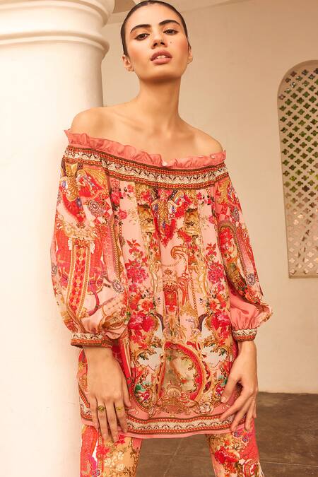 Shop_Zariaah_Pink Viscose Crystals Off-shoulder Lotus Bloom Print Off Top _Online_at_Aza_Fashions