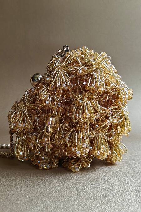 Plode_Gold Beads, Fringe Crystal Tassel Embellished Micro Heart Bag _Online_at_Aza_Fashions