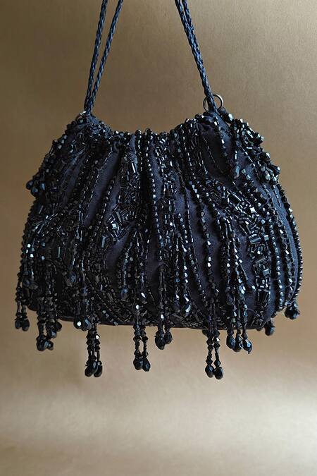 Shop Plode Black Embellished Crystal Wave Embroidered Potli at Aza Fashions Shop_Plode_Black Embellished Crystal Wave Embroidered Potli_at_Aza_Fashions