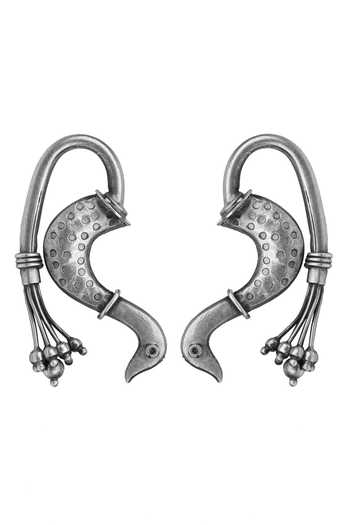 Sangeeta Boochra Silver Plated Cut Work Oxidized Peacock Shaped Earrings Online at Aza Fashions Sangeeta Boochra_Silver Plated Cut Work Oxidized Peacock Shaped Earrings _Online_at_Aza_Fashions
