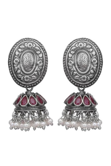 Sangeeta Boochra_Silver Plated Pearls, Stones Tribal Oval Shaped Jhumkis _Online_at_Aza_Fashions