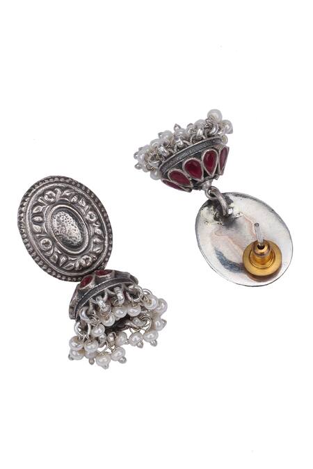 Buy_Sangeeta Boochra_Silver Plated Pearls, Stones Tribal Oval Shaped Jhumkis _Online_at_Aza_Fashions