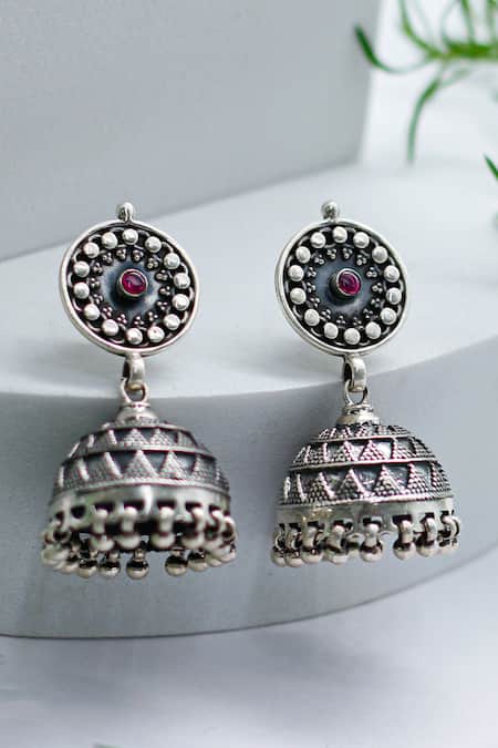 Sangeeta Boochra Silver Plated Ruby Stone Hanging Dome Handcrafted Jhumkas 