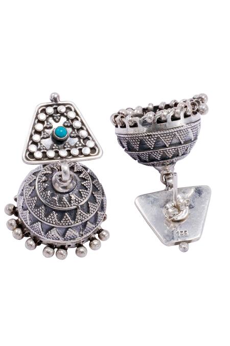 Sangeeta Boochra_Silver Plated Foil Printing, Stones Firoza Embellished Jhumkas _Online_at_Aza_Fashions
