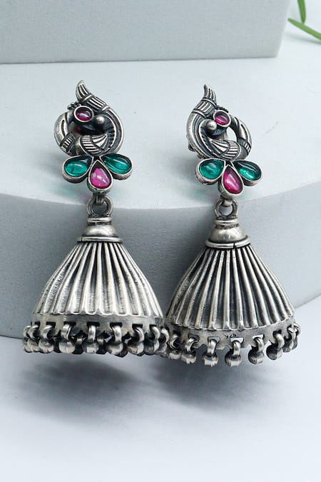 Sangeeta Boochra Silver Plated Peacock Carved Jhumkas 
