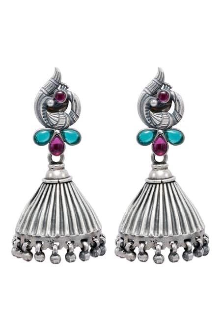Shop_Sangeeta Boochra_Silver Plated Peacock Carved Jhumkas _at_Aza_Fashions