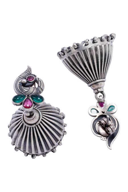 Sangeeta Boochra_Silver Plated Peacock Carved Jhumkas _Online_at_Aza_Fashions