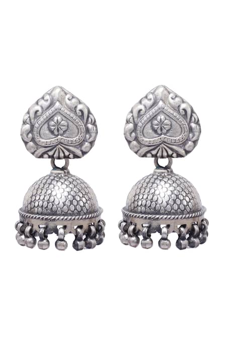 Shop Sangeeta Boochra Silver Plated Handcrafted Carved Jhumkas at Aza Fashions Shop_Sangeeta Boochra_Silver Plated Handcrafted Carved Jhumkas _at_Aza_Fashions