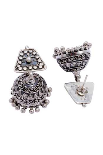 Sangeeta Boochra_Silver Plated Oxidized Carved Jhumkas _Online_at_Aza_Fashions