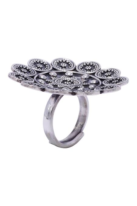 Sangeeta Boochra_Silver Plated Cut Work Floral Carved Tribal Ring _Online_at_Aza_Fashions
